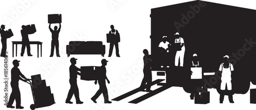 Silhouettes of People Moving Furniture and Boxes into a Truck also transparent background