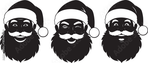 Three Santa Claus Faces with Different Expressions in Black and White also transparent background holiday