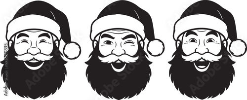 Three Santa Claus Faces Winking and Smiling in Black and White also transparent background