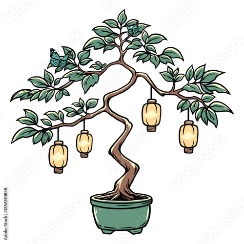 Japanese Bonsai Tree Illustration with Hanging Lanterns and Butterflies
