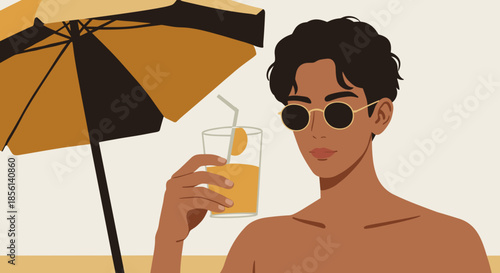 young man with tanned skin relaxing on beach under umbrella with summer cocktail for travel blogs, resort websites, party invitations and seasonal social media, with copy space