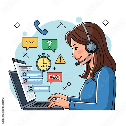 Customer Service Representative Working With Support Chat Icons