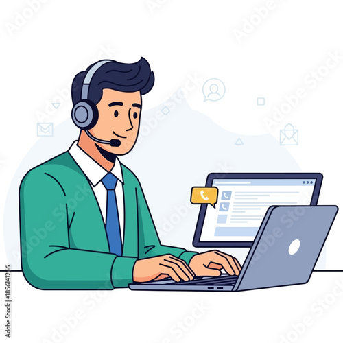 Customer Support Agent With Headset Working On Laptop Modern Illustration
