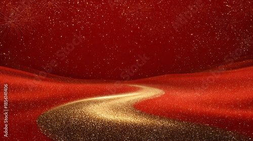 Golden glitter path flowing across red abstract landscape creating luxurious festive background with sparkling particles