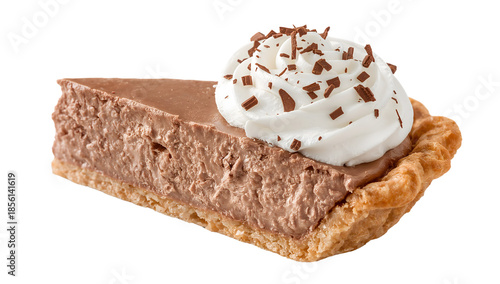 Decadent chocolate cream pie slice with whipped topping and chocolate shavings on flaky crust, isolated on the transparent background