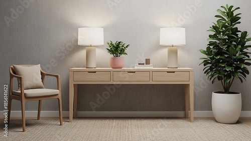 Beige living room with console table and lamps chair