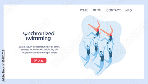 Landing page with a women's synchronized swimming team. Hand drawn vector illustration.
