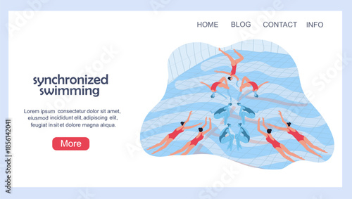 Landing page with a women's synchronized swimming team. Hand drawn vector illustration.