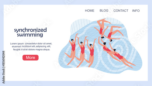 Landing page with a women's synchronized swimming team. Hand drawn vector illustration.