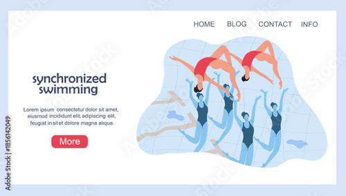 Landing page with a women's synchronized swimming team. Hand drawn vector illustration.