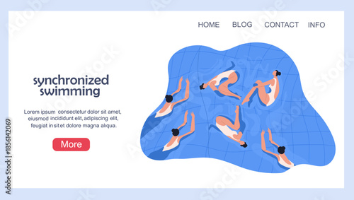 Landing page with a women's synchronized swimming team. Hand drawn vector illustration.
