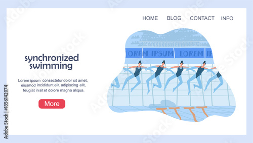 Landing page with a women's synchronized swimming team. Hand drawn vector illustration.