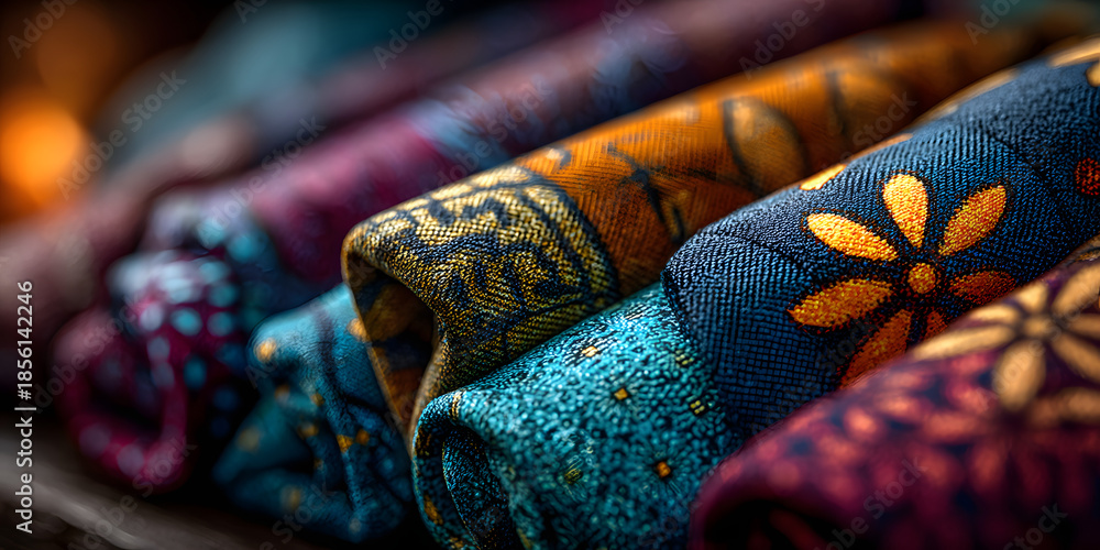 Fototapeta premium Detailed view of bright patterned African cotton fabrics, ideal for cultural textile layout or textile industry use