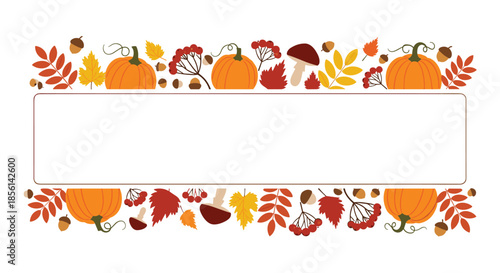 Autumn seasonal border frame decorated with pumpkins mushrooms leaves acorns and berries on a white background for festive invites.