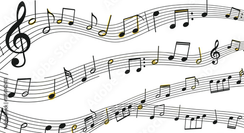 Abstract musical design showing flowing staves and notes with golden highlights on a clean white background for artistic projects.