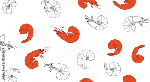 Seamless background pattern featuring orange and outline shrimp illustrations scattered on a plain white surface for seafood designs.