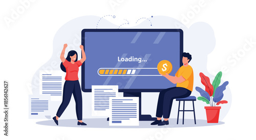 Happy man and woman celebrating as a financial loading bar on a computer screen reaches completion with a golden money coin.