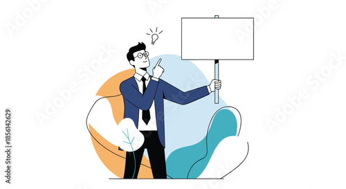Confident businessman holding a large blank white board and pointing to a glowing lightbulb representing a creative new idea.