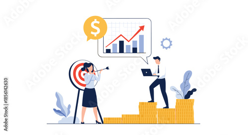 Professional business team achieving goals through target practice and climbing a staircase made of gold coins for financial growth.