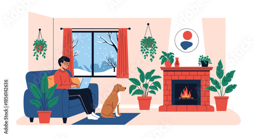 Cozy home office interior with a man working on a laptop near a warm fireplace and his pet dog during a winter snowfall day.