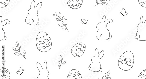 Minimalist seamless pattern design of hand-drawn Easter bunnies and decorated eggs with floral leaf elements on white paper.
