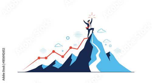 Successful businessman standing at the top of a blue mountain peak with a rising growth chart line behind him in a clear sky.