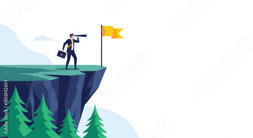 Visionary businessman standing on a high cliff edge looking through a telescope toward a yellow flag on the distant horizon.