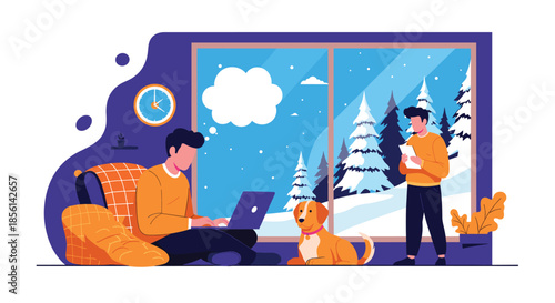 Freelancer working on a laptop at home during a winter snowfall with a dog sitting nearby and a blank speech bubble for thought.