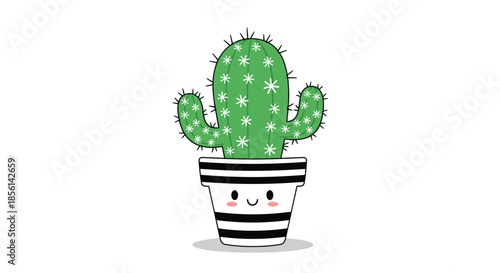 Cute hand-drawn cactus character in a black and white striped pot with a smiling face and small pink cheeks on a white background.
