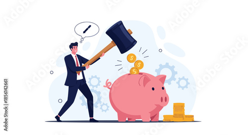 Determined businessman in a suit using a massive wooden mallet to break open a pink piggy bank full of golden coins and savings.