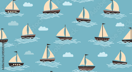 Calm seamless pattern of small brown sailboats floating on blue waves under fluffy white clouds in the bright summer sky.