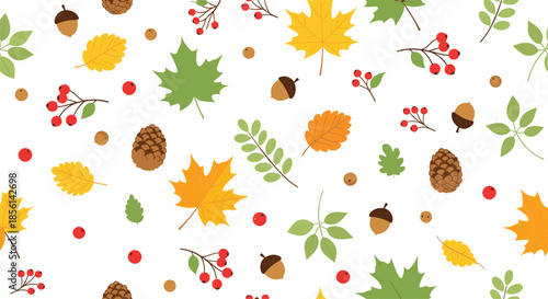 Autumn forest floor seamless pattern featuring maple leaves pinecones acorns and red berries on a white background for fall season.