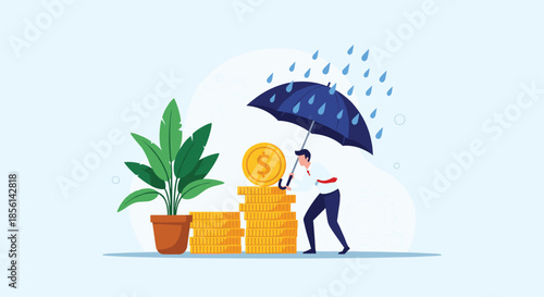 Diligent businessman holds an umbrella to protect a stack of gold coins from falling rain, symbolizing financial security and insurance.