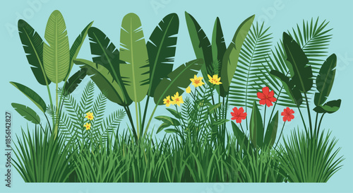 Lush tropical jungle foliage with banana leaves, ferns, and colorful exotic flowers creates a vibrant natural background scene.