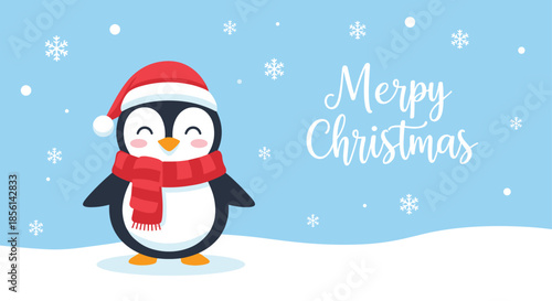 Adorable cartoon penguin wearing a Santa hat and a red scarf celebrates Christmas in a snowy landscape with snowflakes and stars.
