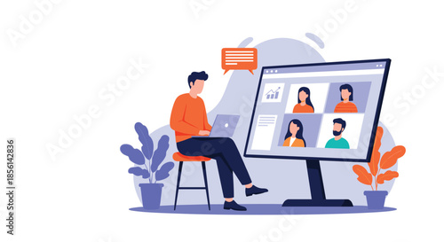 Man participates in a remote video conference on his laptop, communicating with colleagues through a large screen in a home office setting.