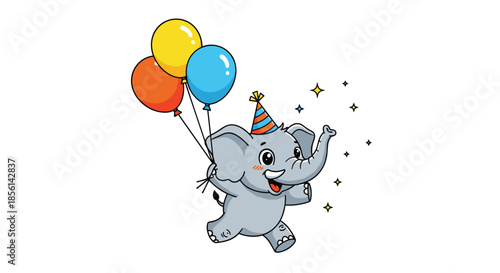 Cheerful baby elephant wearing a party hat runs happily while holding a bunch of colorful balloons, surrounded by magical sparkling stars.