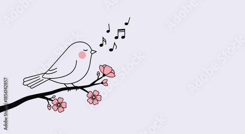 Sweet little bird perched on a blooming cherry blossom branch sings musical notes into the air against a soft pastel background.