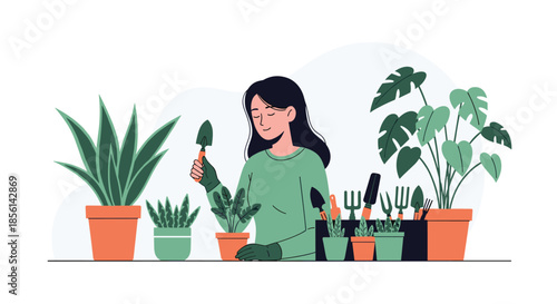 Happy young woman enjoys gardening at home, carefully transplanting small green plants into terracotta pots with various hand tools.