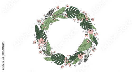 Elegant circular wreath composed of lush green tropical leaves and delicate pink flowers, perfect for wedding invitations or decorative designs.