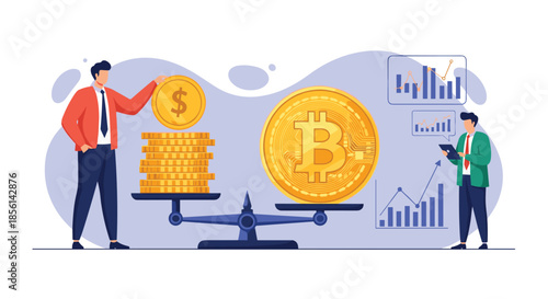 Financial comparison between traditional gold coins and Bitcoin cryptocurrency shown on a balance scale with businessmen analyzing data charts.