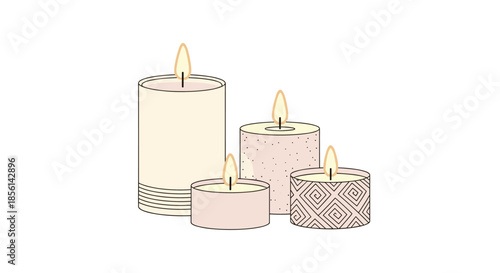 Set of four decorative scented candles of different sizes and patterns, burning with a warm glow to create a cozy atmosphere.