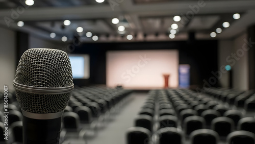 Blurred photo of conference hall or seminar room with microphone over it. High quality
