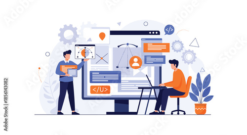 Seasonal seamless pattern featuring various stylized Christmas trees, fluffy clouds, snowflakes, and festive bells on a white background.