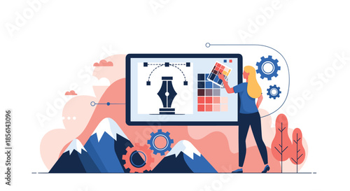 Two developers collaborate on a web design project, analyzing wireframes and code on a large monitor and laptop.