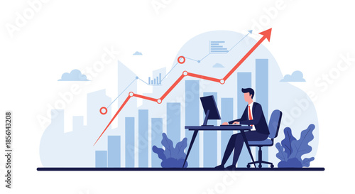 Motivated businessman working on a computer with a large rising arrow graph and city skyline background, showing career growth success.