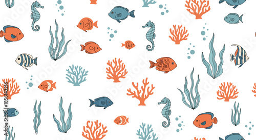 Detailed underwater scene seamless pattern featuring various fish, seahorses, coral, and seaweed in soft blue and orange color tones.