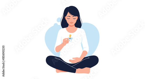Healthy pregnant woman sitting in a meditative pose holding a baby pacifier, representing mindfulness and peace during her pregnancy.