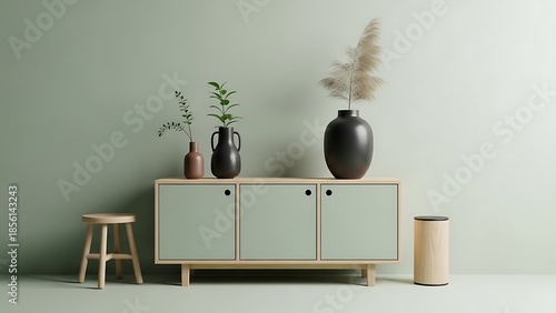 Sage green cabinet with vases and stool wooden furniture