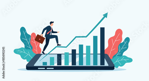 Ambitious businessman carrying a briefcase and running up a bar graph on a smartphone screen, representing success and financial progress.